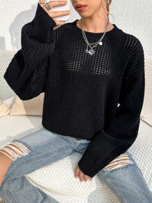 SHEIN Unity 素色落肩袖網眼針織套頭毛衣 - 黑色 - 查看 1