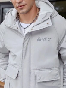 Manfinity Homme Loose Fit Men's Hooded Padded Coat With Letter Graphic And Flap Pockets - Light Grey - View 4