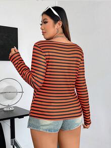Flirla Plus Halloween Striped Print Half Zip Tee - Orange - View 2