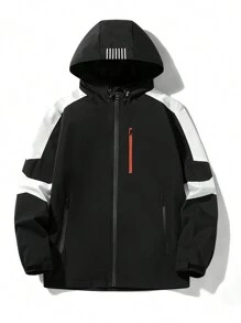 Manfinity Hypemode 男款寬鬆連帽夾克,對比色板塊和拉鍊閉合 - 黑色 - 查看 1