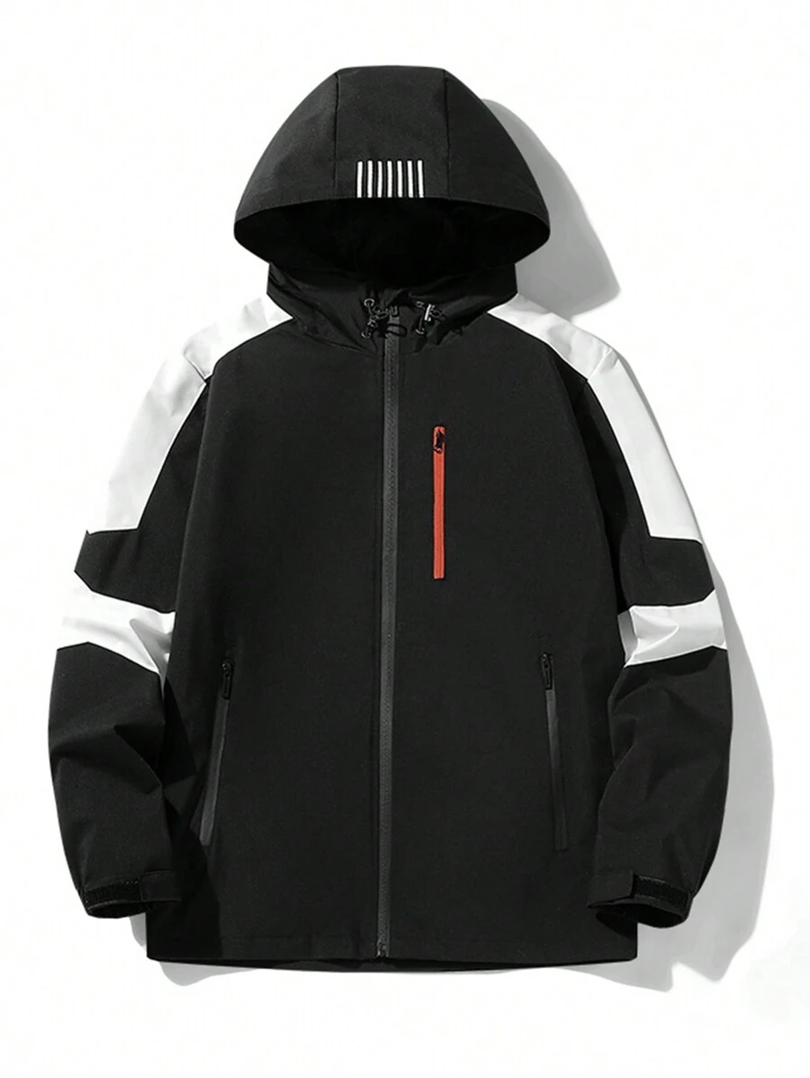 Manfinity Hypemode 男款寬鬆連帽夾克,對比色板塊和拉鍊閉合 - 黑色 - 查看 1