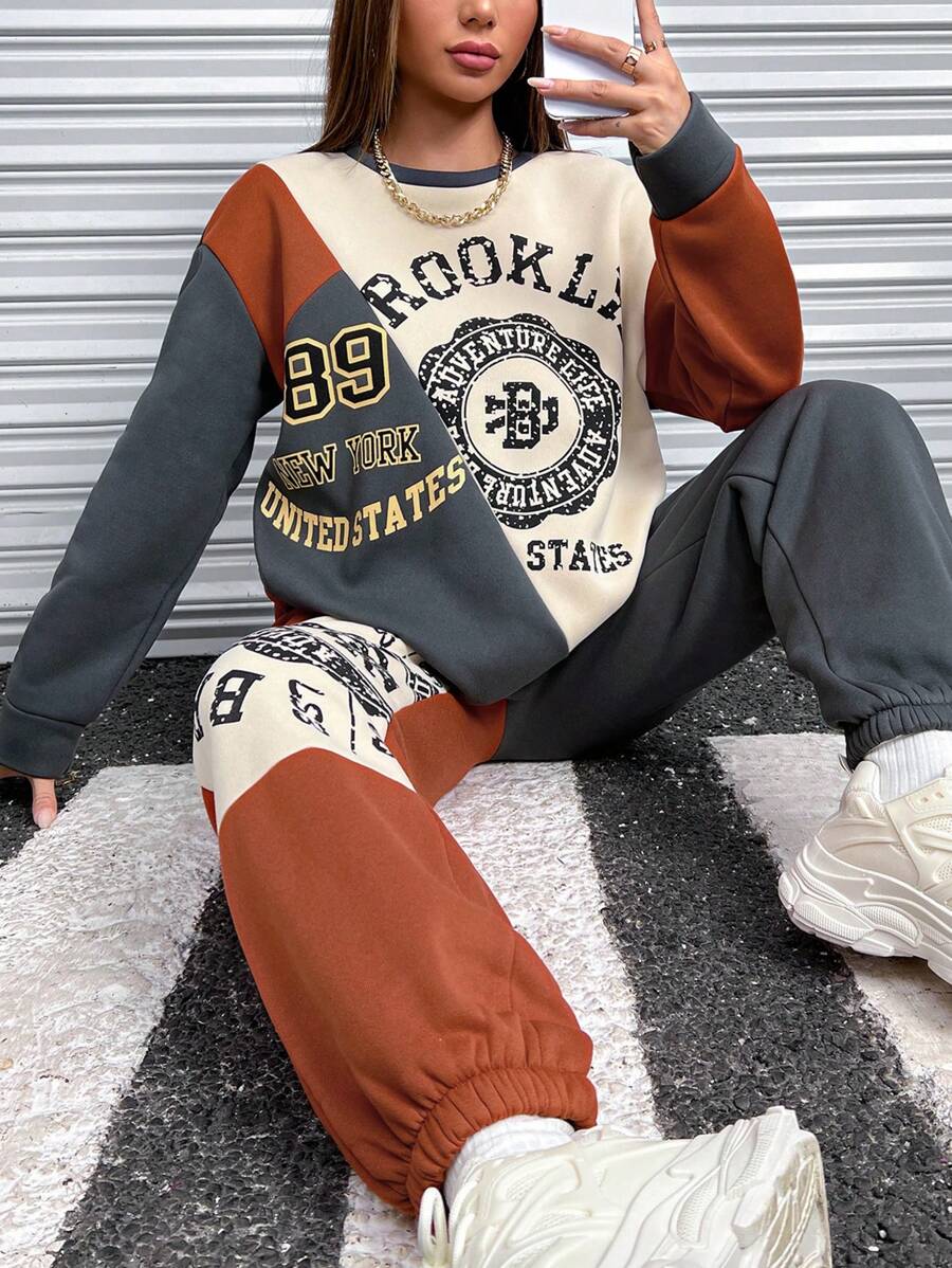 SHEIN Unity Letter Graphic Colorblock Drop Shoulder Sweatshirt & Sweatpants - Multicolor - View 1
