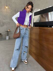 SHEIN EZwear 抽绳下摆拉链背心夹棉外套 - 紫色 - 查看 3