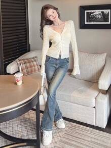 DAZY Solid Button Front Lettuce Trim Top,Ruffle Long Sleeve Women Tops