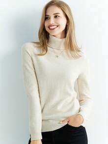 女士100%美利奴羊毛高领毛衣秋冬保暖柔软针织复古毛衣长袖套头衫 - 杏色 - 查看 4