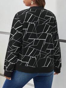 SHEIN Frenchy 大碼幾何印花拉鏈開襟飛行員夾克 - 黑色 - 查看 2