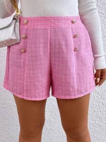 Celure 大碼假鈕扣粗花呢短褲 - 玫紅色 - 查看 5
