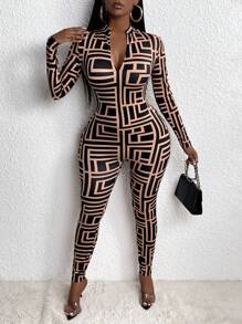 Slaydiva 音乐节情人节性感街头几何印花拉链紧身连体裤 - 彩色 - 查看 6