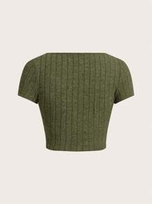 Muchica 方領條紋針織短款T恤 - 軍綠色 - 查看 2