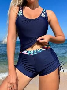 Swim Lushoire 夏季沙灘熱帶印花束腰坦克泳衣