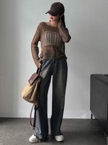 DAZY 休閒透膚 開衩純色女士上衣 - 咖啡棕 - 查看 5