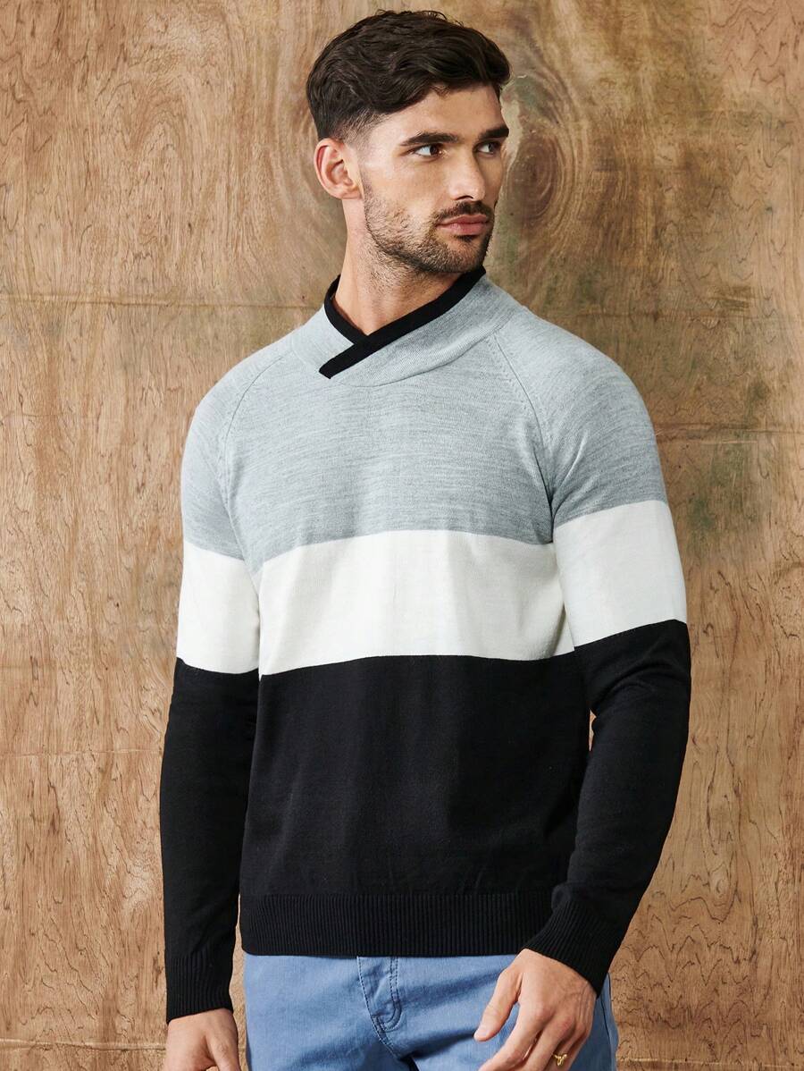 RueChic 男士撞色插肩袖套頭毛衣 - 灰色 - 查看 1