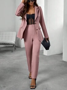 SHEIN Essnce Lapel Neck Single Breasted Blazer & Pants - Pink - View 6