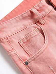 Men's Fashionable Distressed Color Block Denim Jeans - Coral Pink - View 8