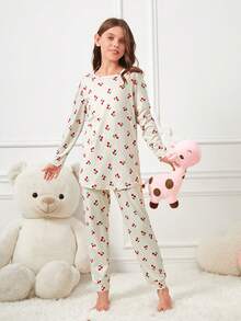 Tween Girl Cherry Print Tee & Pants PJ Set - Grey - View 3