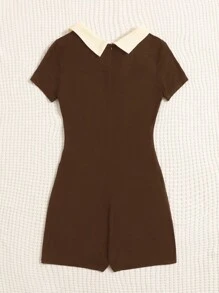 SHEIN EZwear Letter Graphic Contrast Collar Unitard Romper - Coffee Brown - View 3
