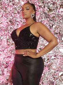 SHEIN SXY 大碼亮片吊帶短上衣 - 黑色 - 查看 4