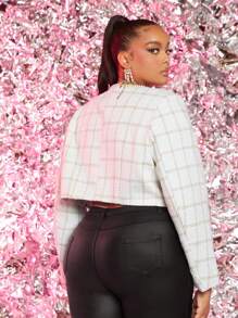 SHEIN SXY Plus Plaid Print Open Front Tweed Overcoat - White - View 2