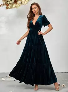 SHEIN Belle Plunging Neck Ruffle Hem Velvet Bridesmaid Dress - Green - View 2