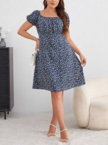 SHEIN VCAY 大碼碎花泡泡袖連衣裙 - 藏蓝色 - 查看 5