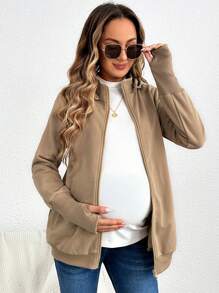 SHEIN Áo khoác nỉ 3 trong 1 có khóa kéo, xếp ly dành cho bà bầu, thích hợp để địu bé. - Màu Khaki - Xem 6