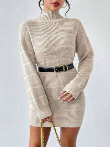 RosyDaze 高領落肩袖毛衣洋裝不附腰帶 - 卡其色 - 查看 5