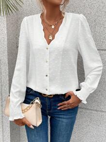 SHEIN Frenchy 圓點貝殼邊燈籠袖襯衫 - 白色 - 查看 1