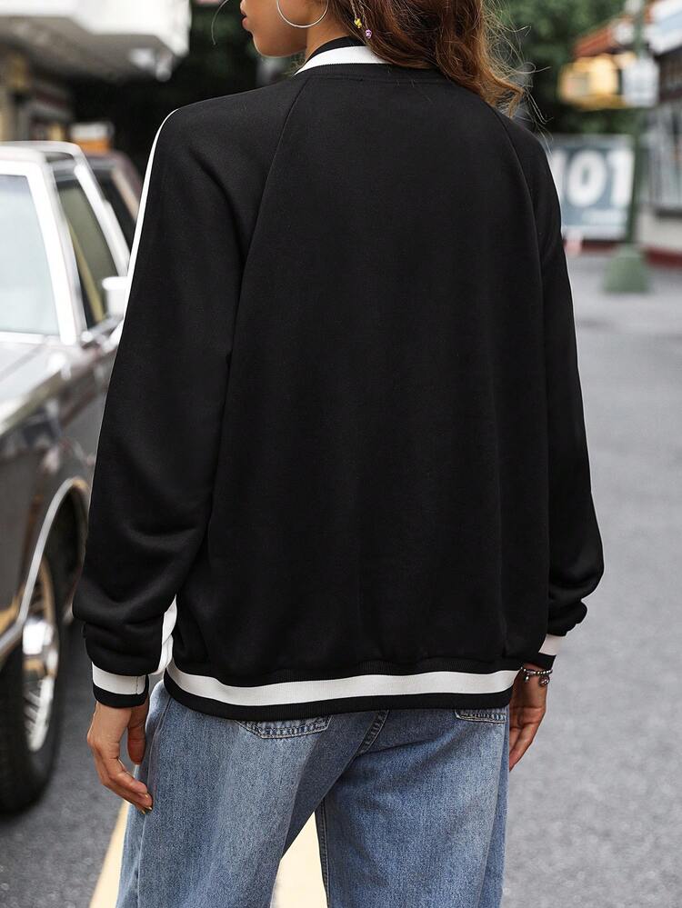 Letter Graphic Striped Trim Raglan Sleeve Varsity Jacket