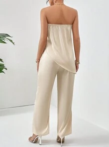 Firerie Solid Asymmetrical Hem Tube Top & Wide Leg Trousers - Apricot - View 2
