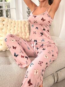 蝴蝶印花吊带上衣和裤子 睡衣套装 / 睡衣套装 - 珊瑚粉 - 查看 1