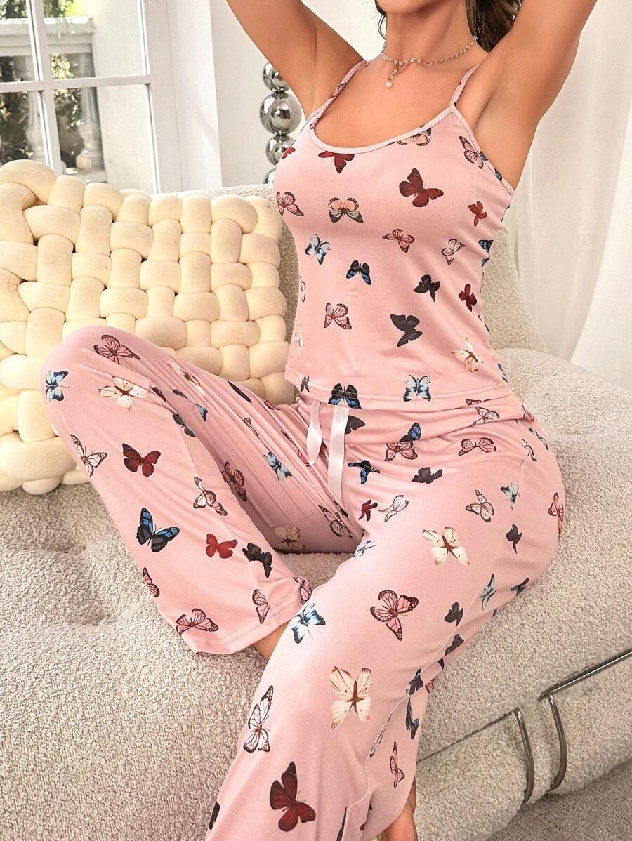 蝴蝶印花吊带上衣和裤子 睡衣套装 / 睡衣套装 - 珊瑚粉 - 查看 1
