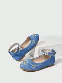 Fashionable Country Style Embroidered Denim Children's Flat Shoes With Pearls For Autumn