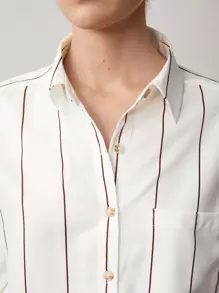 BizChic 女士条纹印花纽扣衬衫，白色长袖图案衬衫，宽松休闲上衣，适合都市通勤、商务休闲、夏季、情人节等场合，优雅女士上衣