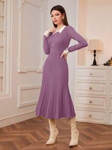 Modelyn Vestido de punto de cuello en contraste bajo fruncido
