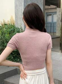 DAZY Top de cuello alto tejido de canalé - Rosa - Ver 2