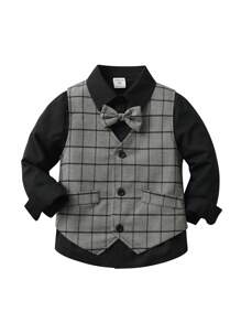 SHEIN 小男童1入組前蝴蝶結格紋背心和1入組長褲和1入組襯衫 - 灰色 - 查看 7