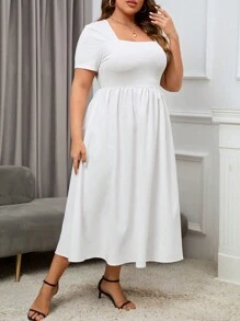 SHEIN Essnce Plus Square Neck A-line Dress - White - View 3