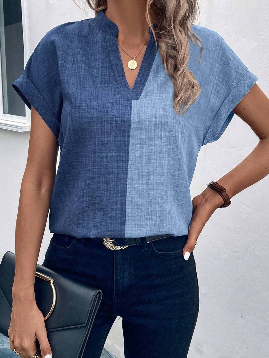 SHEIN LUNE Two Tone Batwing Sleeve Notched Neckline Blouse - Blue - View 1