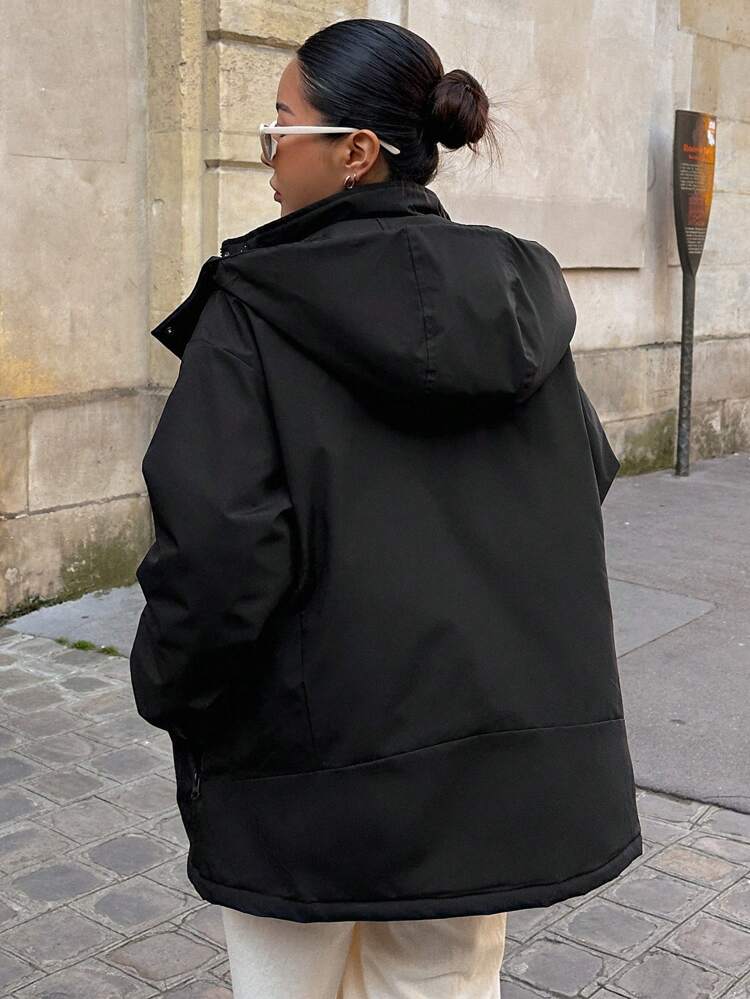 Letter Graphic Zip Up Snap Button Hooded Winter Thick Pockets Coat ,Winter Women Clothes,Winter Coat Women Jacket