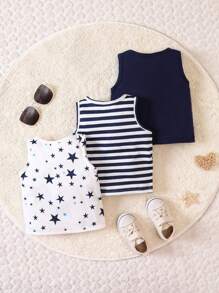 Baby Boy 3pcs Striped & Star Print Tank Top - Blue - View 2