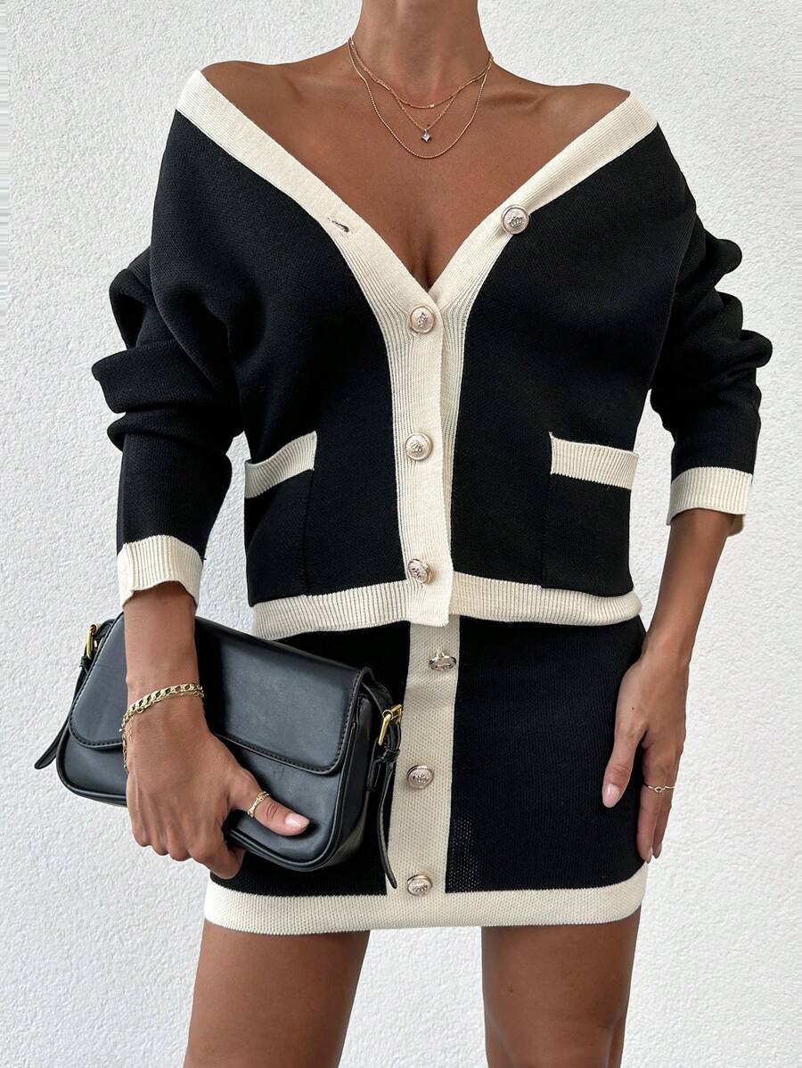 EURMUSE Contrast Trim Drop Shoulder Cardigan & Knit Skirt - Black - View 1