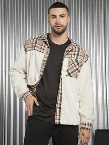 Manfinity VCAY 1 Chaqueta Teddy Para Hombre Con Bolsillos De Parche Y Estampado Escocés