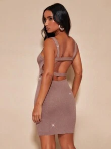 SHEIN BAE Cắt ra Không lưng Đầm Áo len - Màu Khaki - Xem 1