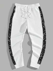 Manfinity RebelGame 男士佩斯利印花拼接側邊接縫腰部抽繩衛褲 - 白色 - 查看 5