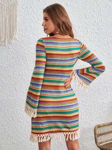 SHEIN VCAY Striped Print Fringe Trim Dress Without Belt