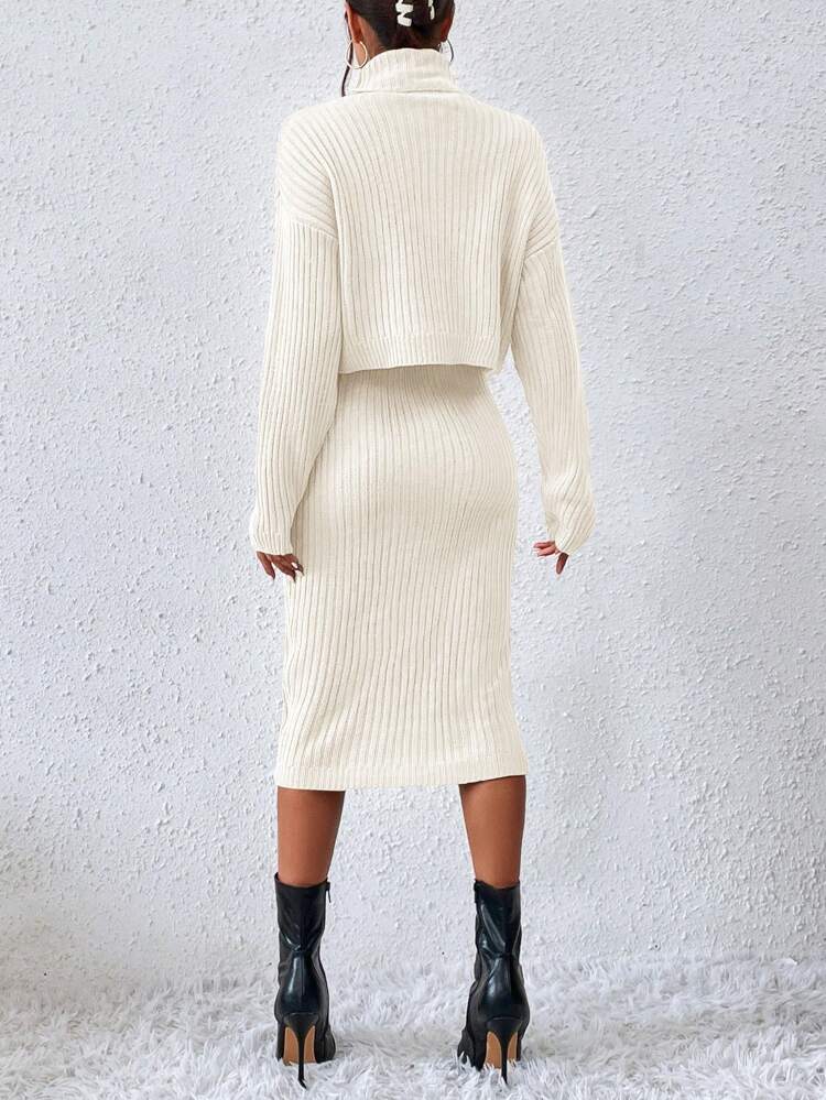 Turtleneck Drop Shoulder Sweater & Knit Skirt
