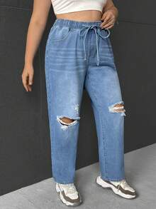 SHEIN LUNE Cộng với Quần Jeans dây rút eo rách sờn ống suông - Rửa nhẹ - Xem 3