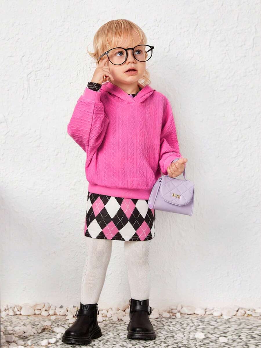 SHEIN Baby Girl Drop Shoulder Hoodie & Argyle Print Dress - Multicolor - View 1