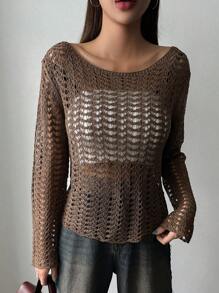 DAZY 休閒透膚 開衩純色女士上衣 - 咖啡棕 - 查看 6