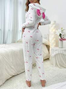 Cherry Print 3D Ear Design Hooded Flannel Sleep Jumpsuit - White - View 2